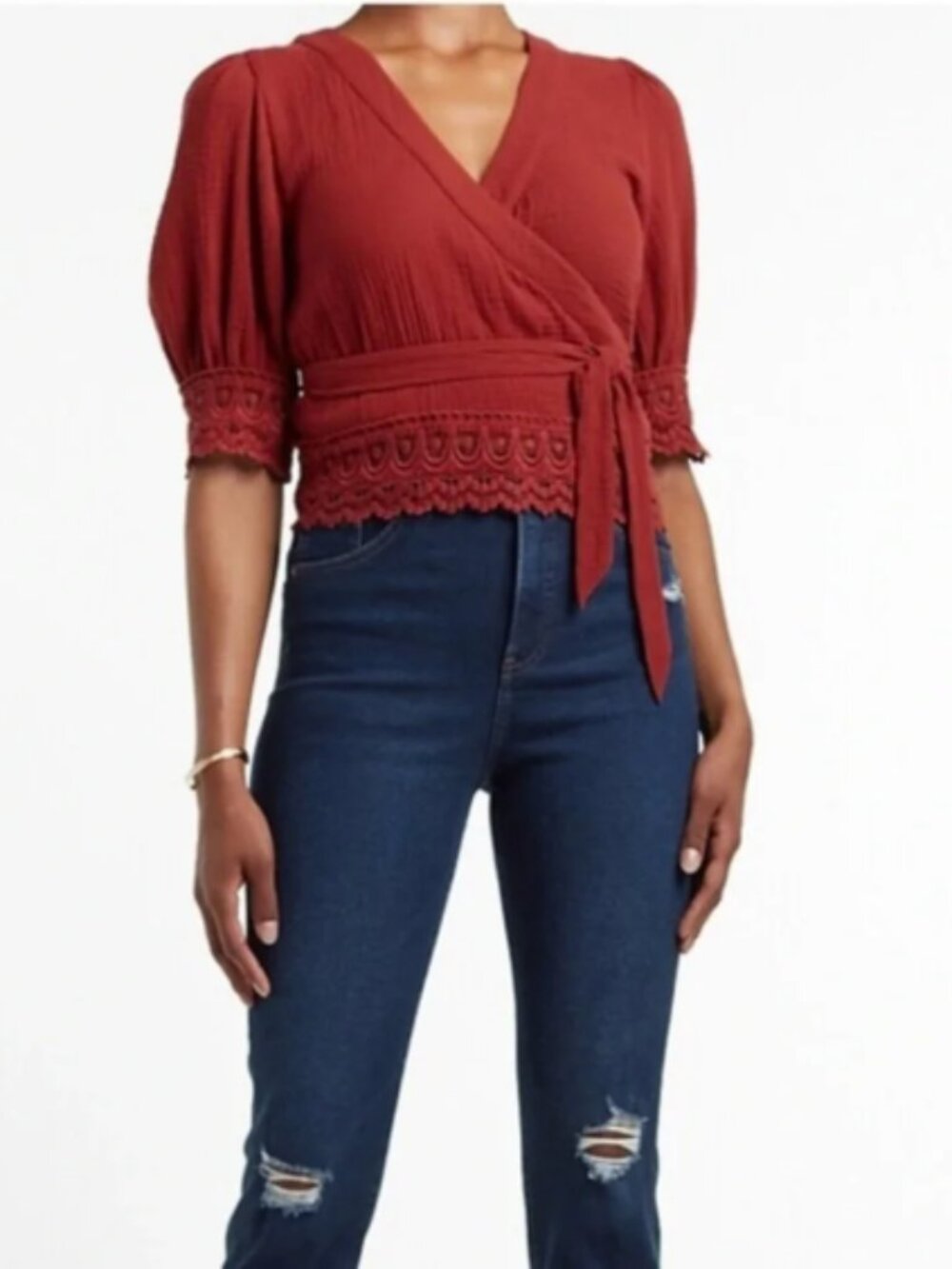 Express Women’s Textured Lace Trim‎ Belted Wrap Front Top. Medium.